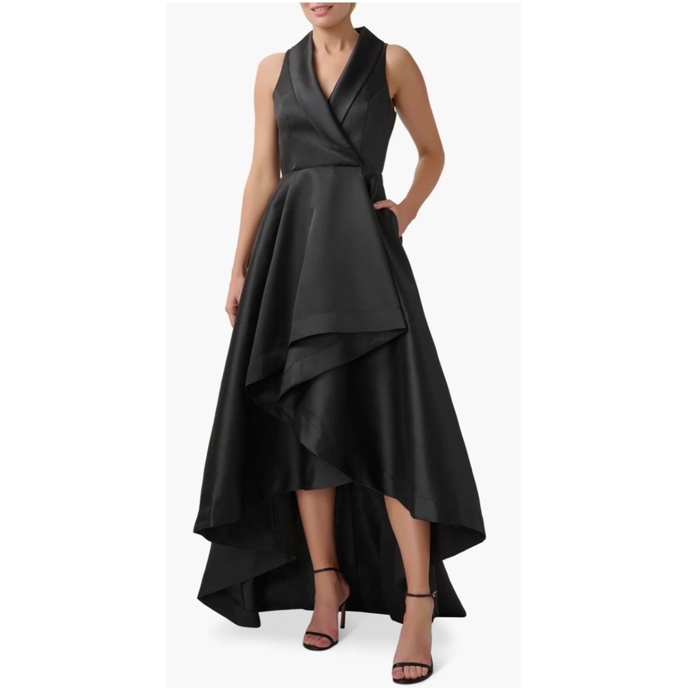 Adrianna Papell Black High Low Tuxedo Satin Gown Dress Shawl Collar Sleeveless 0